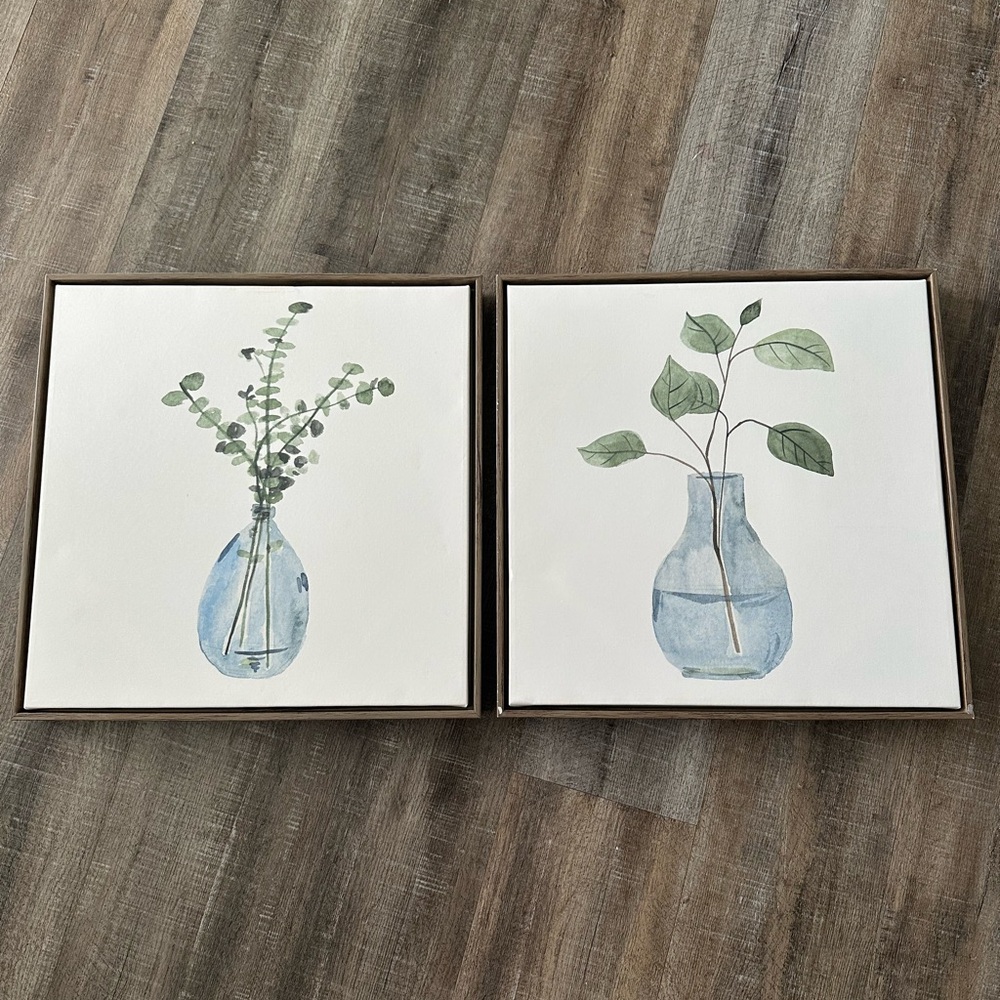 Set of Two Botanical Art Prints in Blue Vases